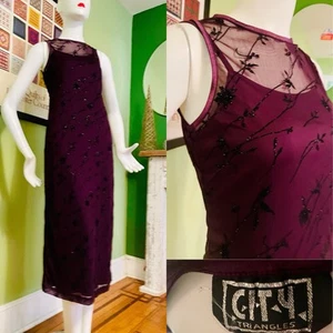 Vtg 90s CITY TRIANGLE Blk Sheer Netting / Red Slip Party Dress M Beading Hi Neck - Picture 1 of 7