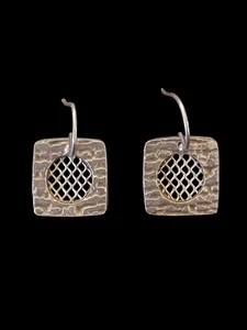 Orecchini Vintage Ossidati 925 Sterling Geometrico Modello Aperto 1" Filo Lungo Gancio  - Foto 1 di 5