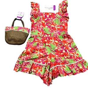 Tommy Bahama Girls Floral Romper Dress & Straw Purse Set - Tropical Print 4 NWT - Picture 1 of 11