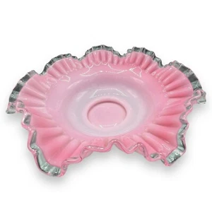 Vintage 60s Fenton Pink Ruffle Edge Bowl Double Crimped Pressed Glass Art 10.75" - Picture 1 of 6