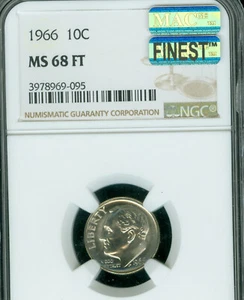 1966 ROOSEVELT DIME NGC MS68 FT FINEST GRADE MAC SPOTLESS VERY RARE POP 8 . - Picture 1 of 2