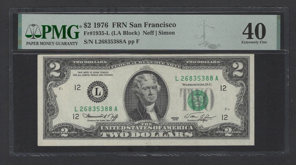 United States-Federal Reserve 2 Dollars 1976 Fr#1935-L (LA Block) Ext. Fine - Image 1 of 2