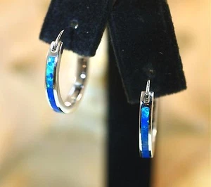 18MM RHODIUM PLATED 925 STERLING SILVER INLAID BLUE-GREEN OPAL HOOP EARRINGS - Picture 1 of 11