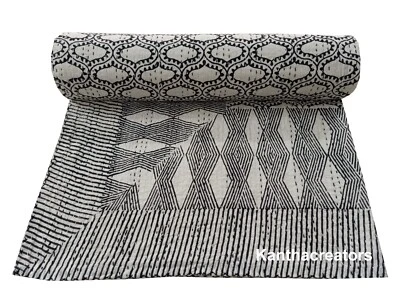 Handmade Kantha Bedspread Reversible Bedding Coverlet Cotton Quilted Bedcover - Image 1 of 4