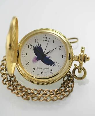 Phillip Crowe Montre Homme Blanc Inoxydable Argent Or Clapet Aigle Quartz Poche - Photo 1/3