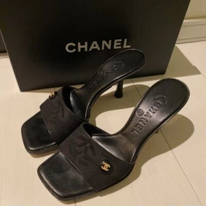 CHANEL Travel Line COCO MARK Heel Sandals Mules Pumps Shoes Women EU 36 Black - Picture 1 of 12