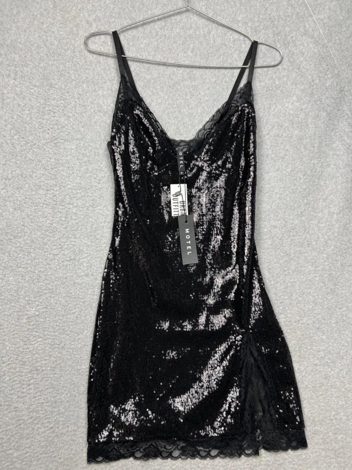 Мотель скольжения блестки кружева мини-платье женщин M черный LBD ретро диско сексуальный гламур - Изображение 1 из 4