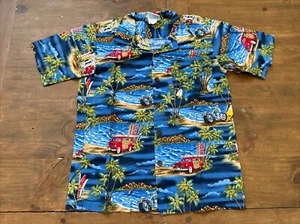 RJC Woodie Cars Beach Surfboards Motorcycles Palms Boy's Size 14? Hawaiian Shirt - Picture 1 of 8