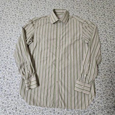 Camisa Isaia Para Hombre 16.5 42 Verde Beige Rayas Manga Larga Abotonada Hecha en Italia Foto 1 de 4
