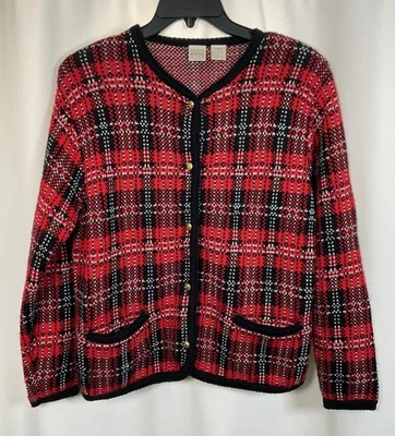 LAUREN ALLEN Petites Size PM Black Red Plaid Gold Button Front Cardigan Sweater - Image 1 of 4