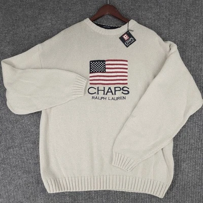 VTG Chaps Ralph Lauren Sweater Mens XL White Ivory USA Flag Knit Pullover 90s - Image 1 of 4