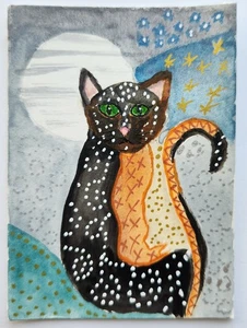 Original Aquarell ACEO Gemälde niedliche Calico Katze Nachtszene - Bild 1 von 1