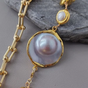 Natural White Flower Pearl Collar Necklace Gray Mabe Pendant Chain Necklaces - Picture 1 of 8