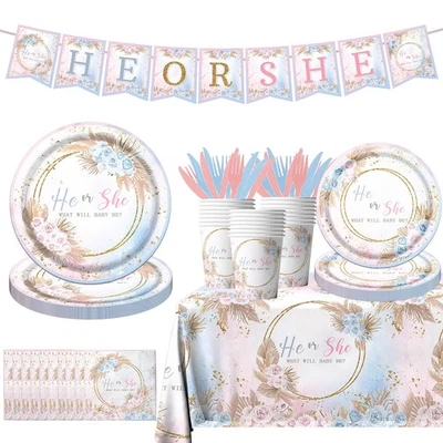 Decoraciones boho para baby shower - 142 piezas platos de revelación de género, servilletas, mantel... Foto 1 de 4
