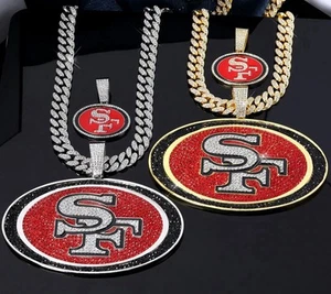 49ers Gem Chain Pendent Gold & Silver Small & Large Iced Out Fan Necklace - Picture 1 of 15