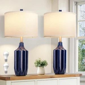 23.6" Modern Ceramic Table Lamps for Bedrooms Set of 2, Navy Blue End Table L... - Picture 1 of 7