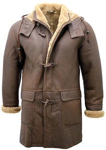 RUFUS Men's Brown Shearling Sheepskin Leather Detachable Hood Duffle Coat - Picture 1 of 7