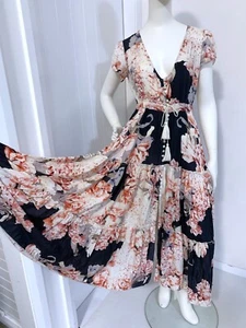 JAASE long DRESS xs FITS 8 & 10 Maxi FLORAL tiered FULL SKIRT button TASSEL - Picture 1 of 13