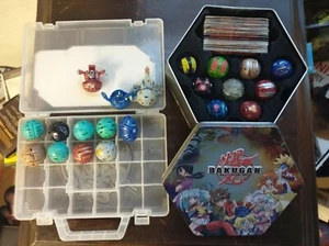 Bakugan Battle Lot of 20 Figures 50 Cards Collectors Tin Plastic Carrying Case - Picture 1 of 8