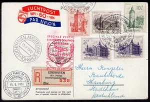 115 PAÍSES BAJOS - TARJETA REGISTRADA ALEMANIA 1951 VUELO ESPECIAL PHILLIPS EINDHOVEN - Imagen 1 de 2
