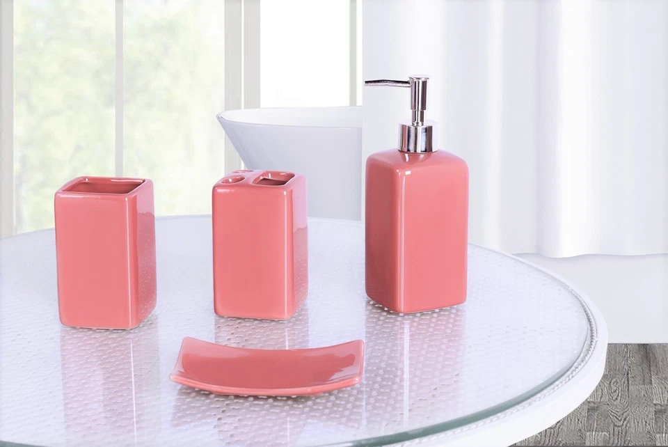  NEW 4PC BATHROOM SET BATH CERAMIC ACCESSORIES SOLID COLORS LUXURY DESIGN DECOR  - Image 1 of 1