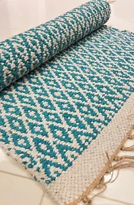 Teal Geometric Handmade Eco Friendly Recycled Cotton Rich Reversible Kilim Rugs - Picture 1 of 6