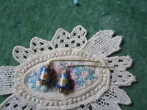 Tiny Blue Barrel shaped Hand Painted Wood Earrings for Antique Doll - Picture 1 of 3