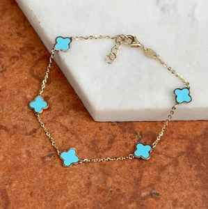 14K Yellow Gold Turquoise 7mm Flat Flower Design Chain Station Bracelet 7" - Picture 1 of 7