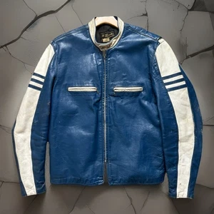 VINTAGE 70ER JAHRE M/L BROOKS BLAU WEISS TUTONE LEDER MOTORRAD BIKER CAFE RACER JACKE - Bild 1 von 24