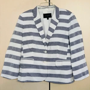 Banana Republic Women's 2-Button Linen Blue Stripe Blazer Jacket Size 12 - Picture 1 of 17