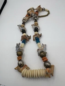Vintage Tribal Halskette Holz geschnitzt Tierperlen Perlen Handarbeit OOAK - Bild 1 von 12