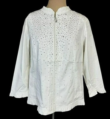 Quacker Factory White Embellished Jacket With Rhinestones & Ruffle Collar Large - Image 1 of 4
