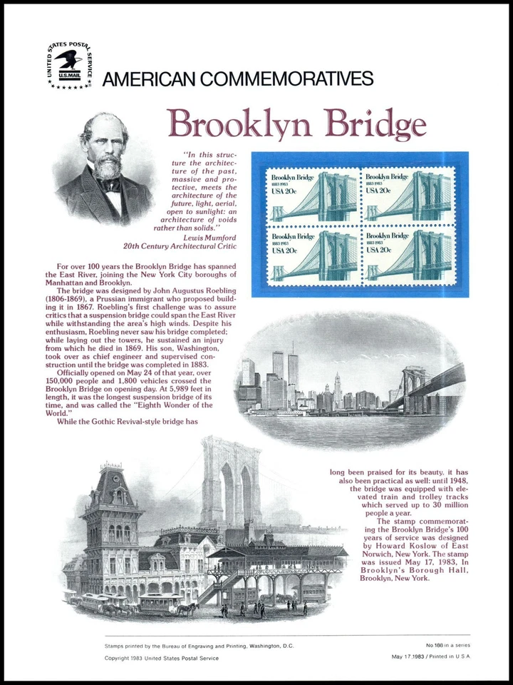 1983 Brooklyn Bridge Architectural CP186 commemorative panel 188 MNH Sc 2041 - Image 1 of 1