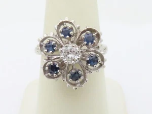 White Gold Sapphire Diamond Ring Natural Antique Jewelry Flower 14K Size 7 R1282 - Picture 1 of 11