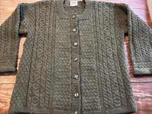 Carriag Donn Ireland Green Pure New Wool Fisherman Cardigan Womens Size Large - Picture 1 of 8