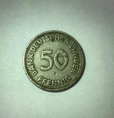 1949 Germany 50 Pfennig Coin F, Oak Leaves, KM# 104 - Image 1 of 4