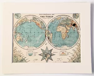 WORLD in HEMISPHERES c.1900 Antique Small Map by Bartholomew - Mounted Matted - Picture 1 of 1