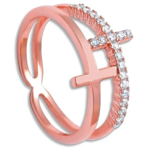 Damen Kreuz Finger-Ring 925 Sterling-Silber Rosegold Rotgold vergoldet Zirkonia - Bild 1 von 3