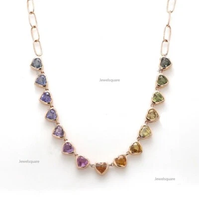 Collar cadena tenis zafiro arco iris real corte corazón oro amarillo 14k hecho a mano Foto 1 de 4