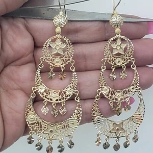 Big Solid 14k gold dangling hearts Star gypsy chandelier fligree Earrings Long - Picture 1 of 12