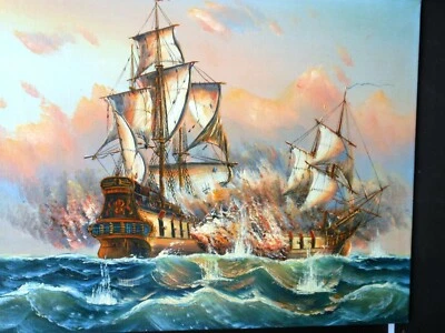PEINTURE A HUILE S/ TOILE - "BATAILLE DE GALIONS" - SIGNEE -1980 -40 x50cm - M48 - Photo 1/4