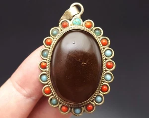 Wonderful Agate Stone Red Coral Turquoise Decorated Pendant #CP690 - Picture 1 of 6