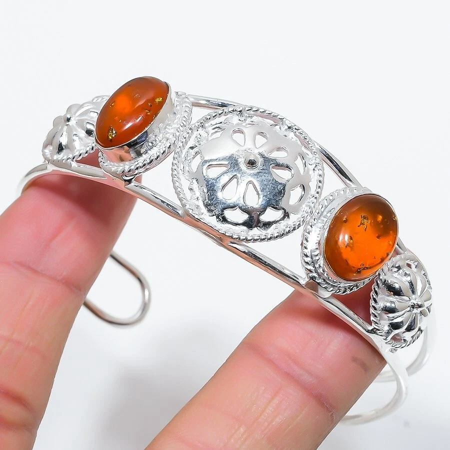 Bracelete ajustável de prata esterlina 925 feito à mão com pedra preciosa âmbar - Imagem 1 de 1