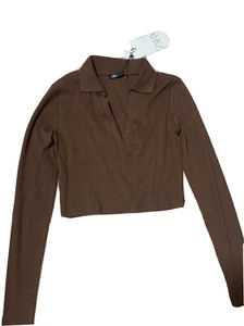 ZARA WOMEN  COTTON RIBBED LONG SLEEVE POLO SHIRT IN CHOCOLATE BROWN SIZE M - Picture 1 of 9