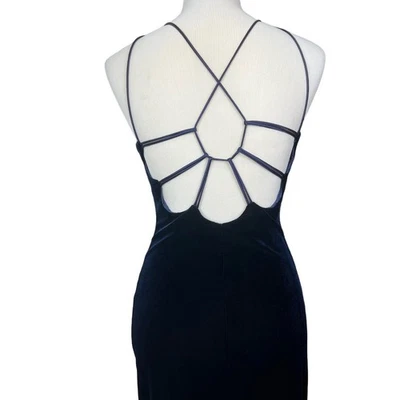 VTG ROBERTA Designer Dark Blue Velvet Stretch Spaghetti Strap Long Maxi Dress - Image 1 of 4