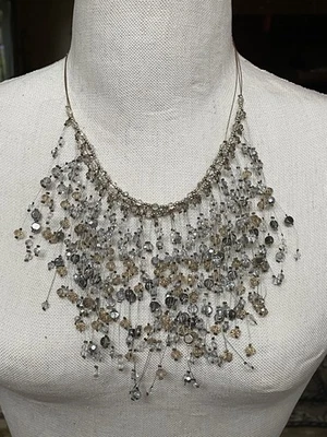 Chicos Beaded Bib Necklace Statement Glass Crystal Triple Strand Cascade Chico’s - Image 1 of 4