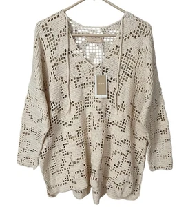 MIRTH Madrid Crochet Tunic Natural Beige One Size Cotton Long Sleeve NWT - Picture 1 of 8