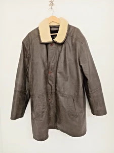 Wallace Sacks Leather Coat Size XL Brown Faux Fur Collar Longer Length Lined - Picture 1 of 17