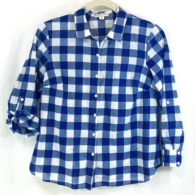 Coldwater Creek Petite XL Shirt Blue Check Button Front Roll Tab Long Sleeve - Image 1 of 4
