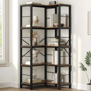 Corner Book Shelf, 5-Tier Tall Bookshelf, Industrial L Shaped Bookcase Wooden... - Picture 1 of 6